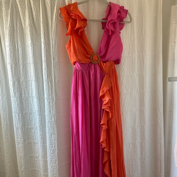 The Bright Path Ruffled Colorblock Maxi Dress (Pink/Orange) - Picture 4 of 5